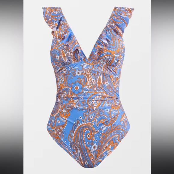 Paisley Print Back Tie One-Piece Swimsuit For Women Sexy V-neck Ruffled Monokini - Picture 1 of 3